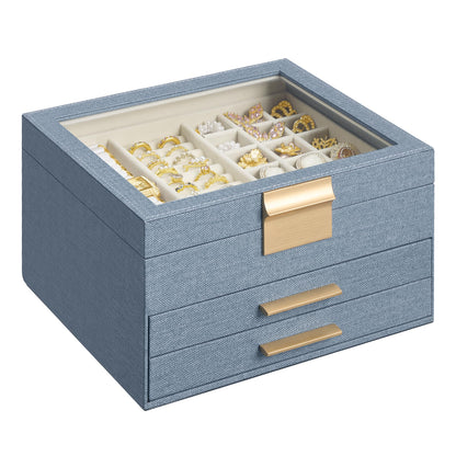 SONGMICS Jewelry Box Organizer, 3-Layer Storage with 2 Drawers, Glass Lid