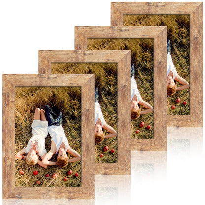 iRahmen 5x7 Picture Frame Set of 4, High Definition Real Glass Rustic Brown Frame, 5 x 7 Wood Photo Frames for Tabletop Display and Wall Mounting