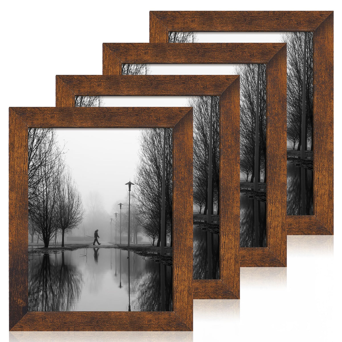 iRahmen 5x7 Picture Frame Set of 4, High Definition Real Glass Rustic Brown Frame, 5 x 7 Wood Photo Frames for Tabletop Display and Wall Mounting