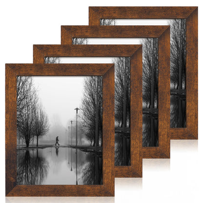 iRahmen 5x7 Picture Frame Set of 4, High Definition Real Glass Rustic Brown Frame, 5 x 7 Wood Photo Frames for Tabletop Display and Wall Mounting
