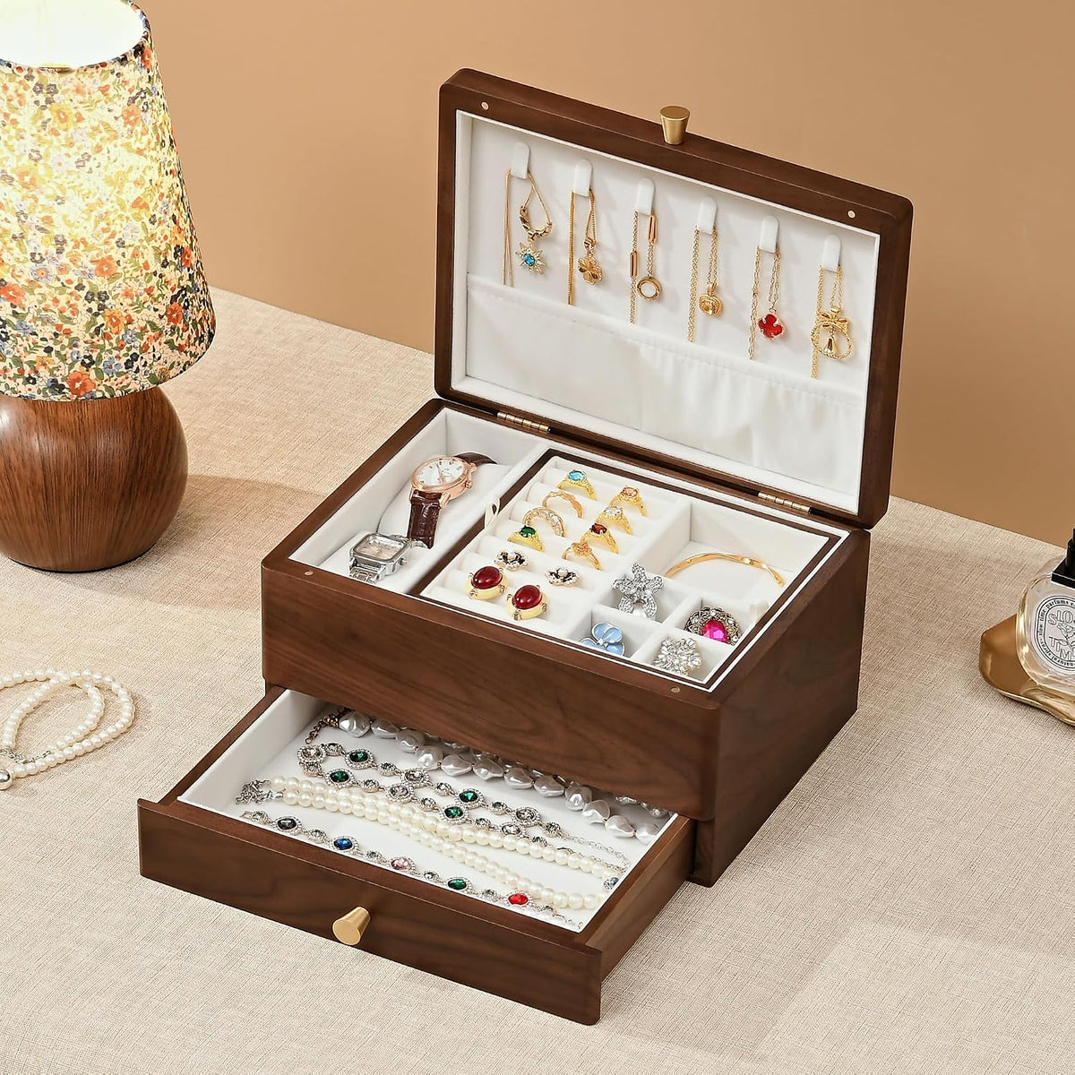 Black Walnut Wooden Jewelry Box for Women, 3 Layer Organizer with Drawer