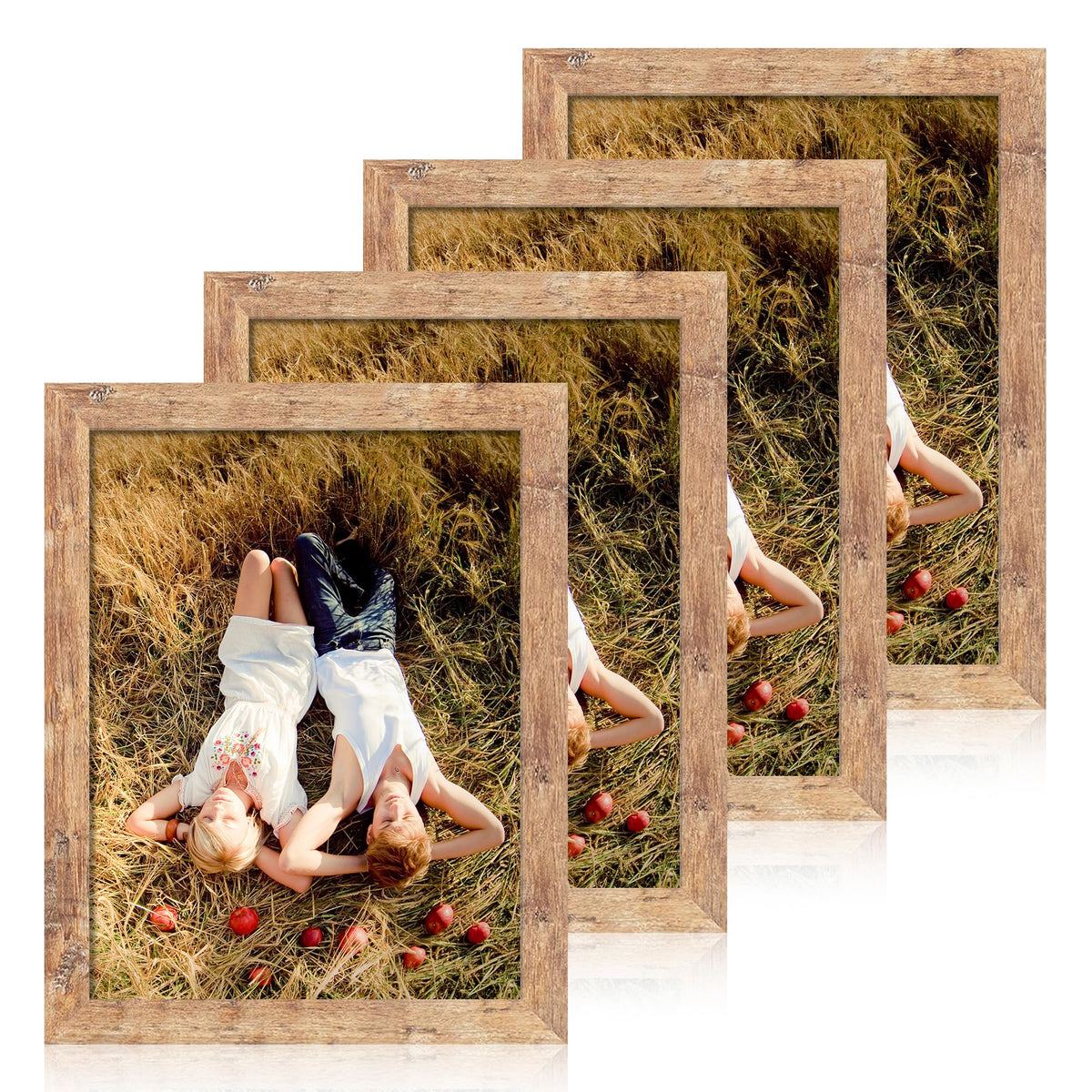 iRahmen 5x7 Picture Frame Set of 4, High Definition Real Glass Rustic Brown Frame, 5 x 7 Wood Photo Frames for Tabletop Display and Wall Mounting