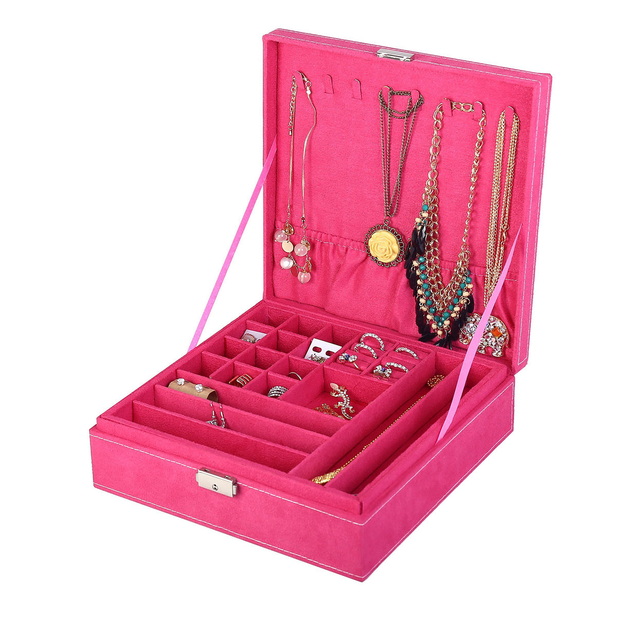 Two-Layer lint Jewelry Box Organizer Display Storage case with Lock (Blue)