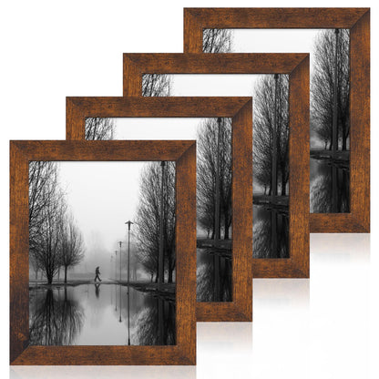 iRahmen 5x7 Picture Frame Set of 4, High Definition Real Glass Rustic Brown Frame, 5 x 7 Wood Photo Frames for Tabletop Display and Wall Mounting