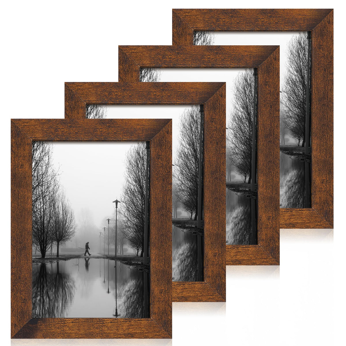 iRahmen 5x7 Picture Frame Set of 4, High Definition Real Glass Rustic Brown Frame, 5 x 7 Wood Photo Frames for Tabletop Display and Wall Mounting