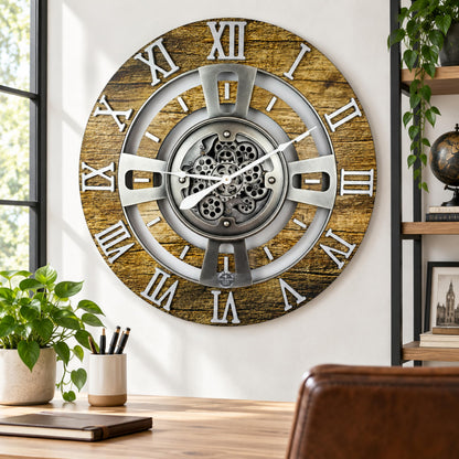 ImprovingLife The Gears Clock Real Moving Gear Wall Clock England Line (Vintage Brown, 36 inches (90 cm))