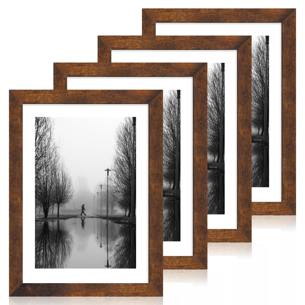 iRahmen 5x7 Picture Frame Set of 4, High Definition Real Glass Rustic Brown Frame, 5 x 7 Wood Photo Frames for Tabletop Display and Wall Mounting