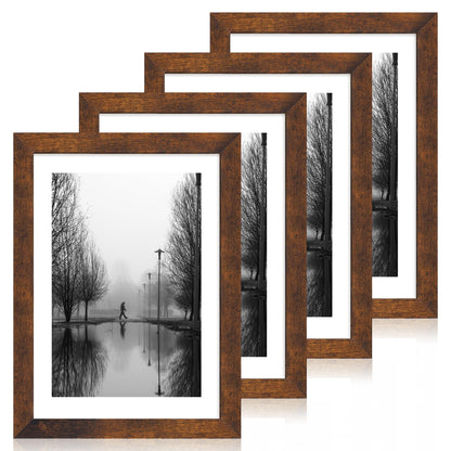 iRahmen 5x7 Picture Frame Set of 4, High Definition Real Glass Rustic Brown Frame, 5 x 7 Wood Photo Frames for Tabletop Display and Wall Mounting