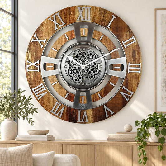 ImprovingLife The Gears Clock Real Moving Gear Wall Clock England Line (Vintage Brown, 36 inches (90 cm))