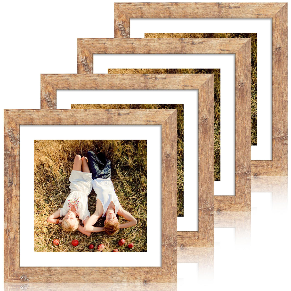 iRahmen 5x7 Picture Frame Set of 4, High Definition Real Glass Rustic Brown Frame, 5 x 7 Wood Photo Frames for Tabletop Display and Wall Mounting