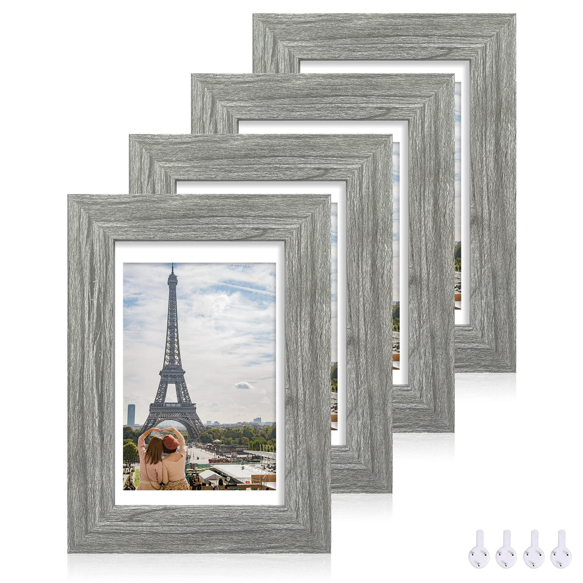 Hongkee 5x7 Picture Frame Set of 4, Real Glass and Wooden Frame, 4x6 Mat