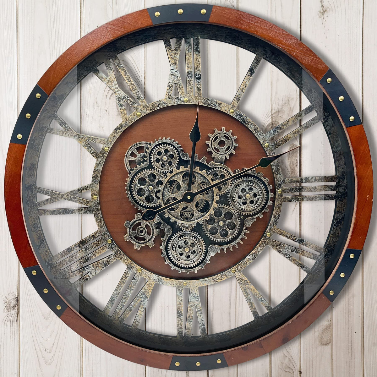 27 inch Large Real Moving Gears Wall Clock with Toughened Glass Cover, Oversized Solid Wood Retro Farmhouse Clock, Giant Decorative Rustic Wall Clock for Living Room Home Kitchen Office (Black)