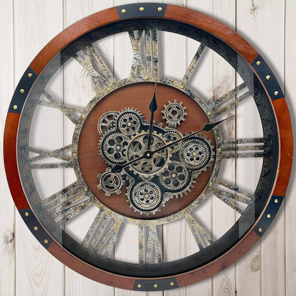 27 inch Large Real Moving Gears Wall Clock with Toughened Glass Cover, Oversized Solid Wood Retro Farmhouse Clock, Giant Decorative Rustic Wall Clock for Living Room Home Kitchen Office (Black)