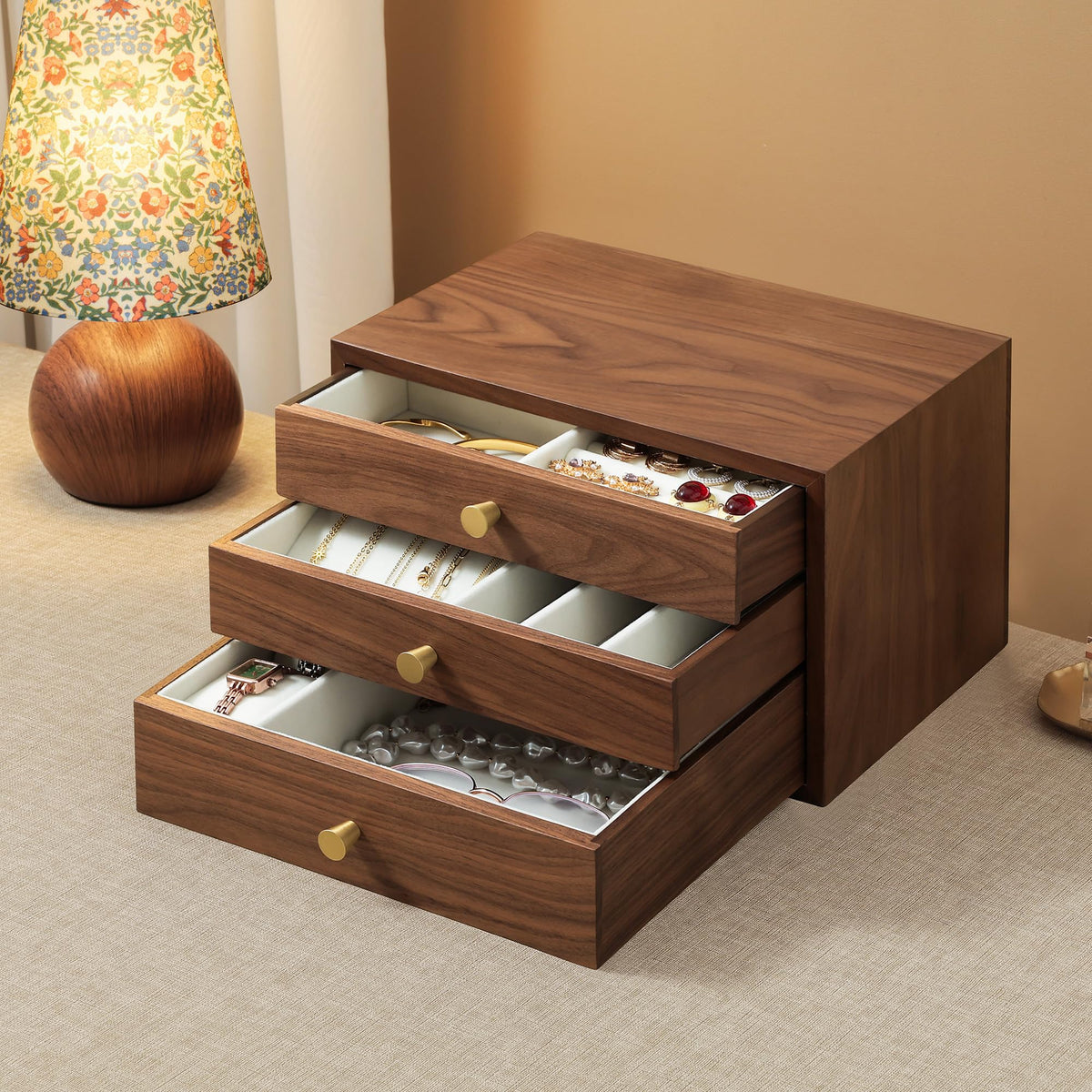 Black Walnut Wooden Jewelry Box for Women, 3 Layer Organizer with Drawer